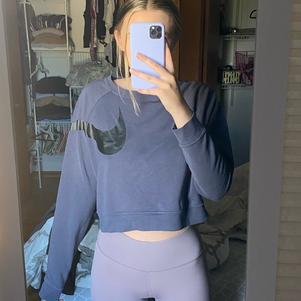 Blue Nike Swoosh Long Sleeve Crop Top